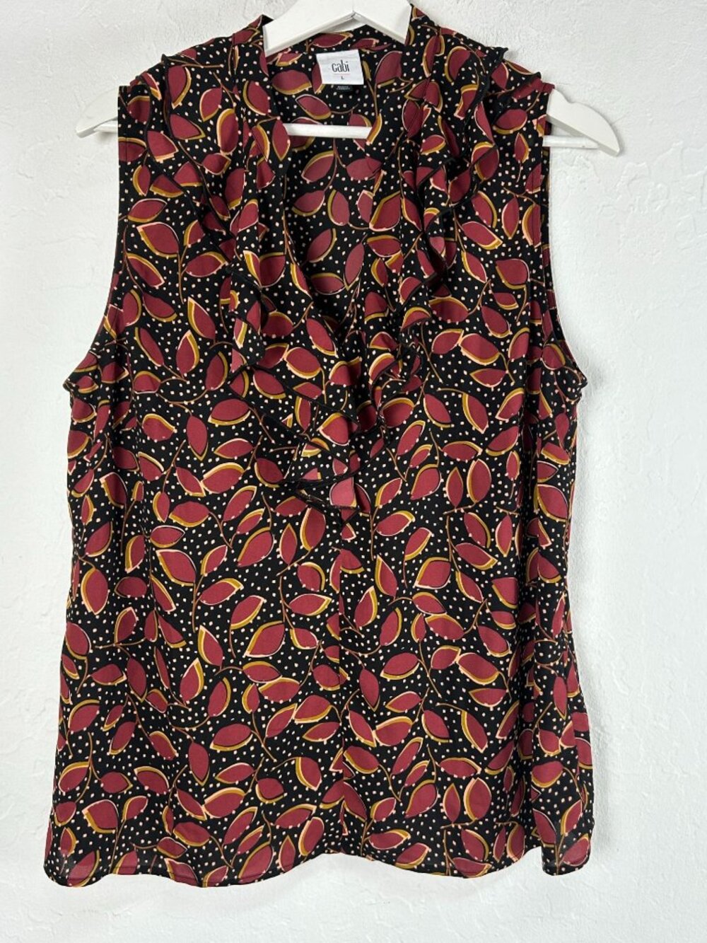 Cabi Womens Floral Leaf Print Ruffle V-Neck Sleeveless Blouse Top Large #4071